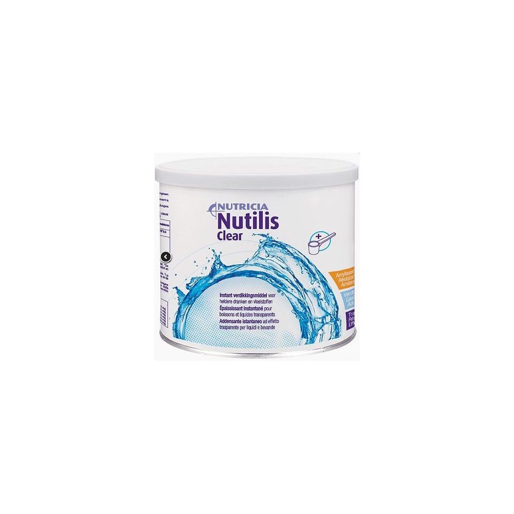 Contenitore cilindrico bianco con coperchio. Scritta: Nutricia Nutilis Clear. Illustrazione di acqua.