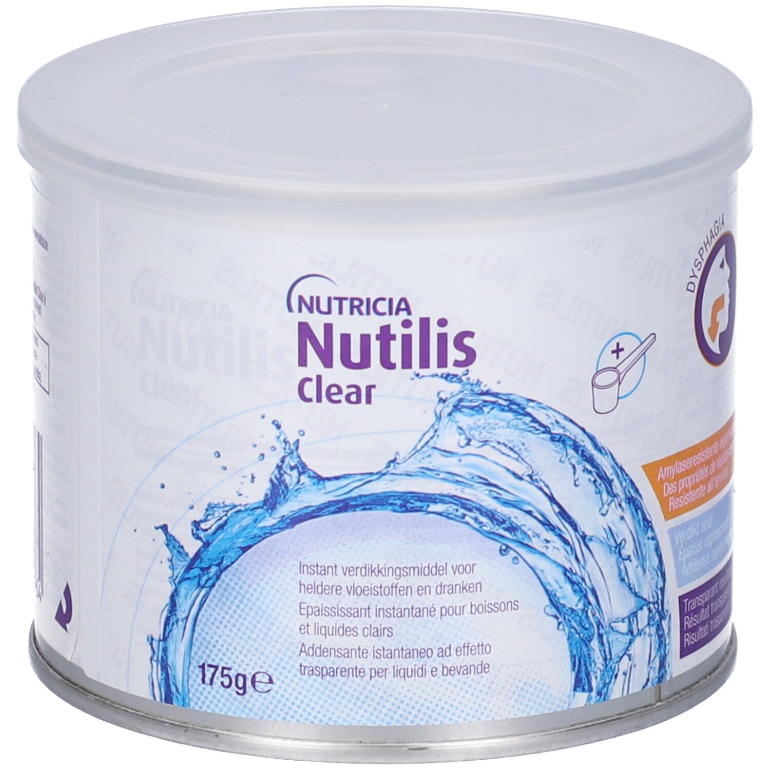 Barattolo cilindrico con coperchio. Scritta: Nutricia Nutilis Clear. Illustrazione d'acqua. Testo: Addensante istantaneo.