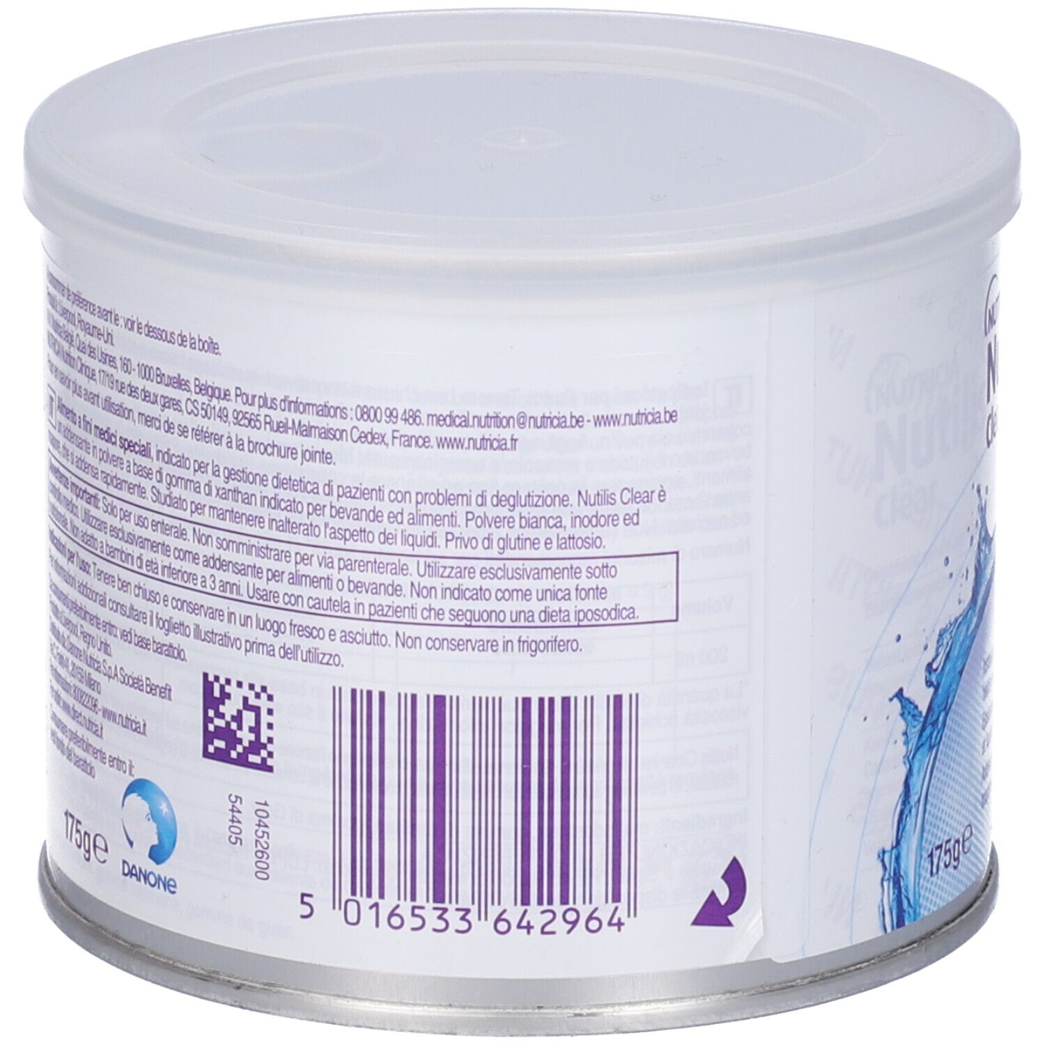 Retro di un barattolo. Testo e codice a barre. Scritta: Nutricia. Peso: 175g. Illustrazione di acqua.