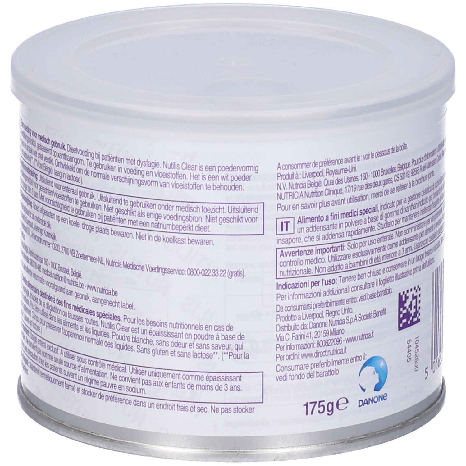 Retro di un barattolo. Testo e codice a barre. Scritta: Nutricia. Peso: 175g. Illustrazione di acqua.