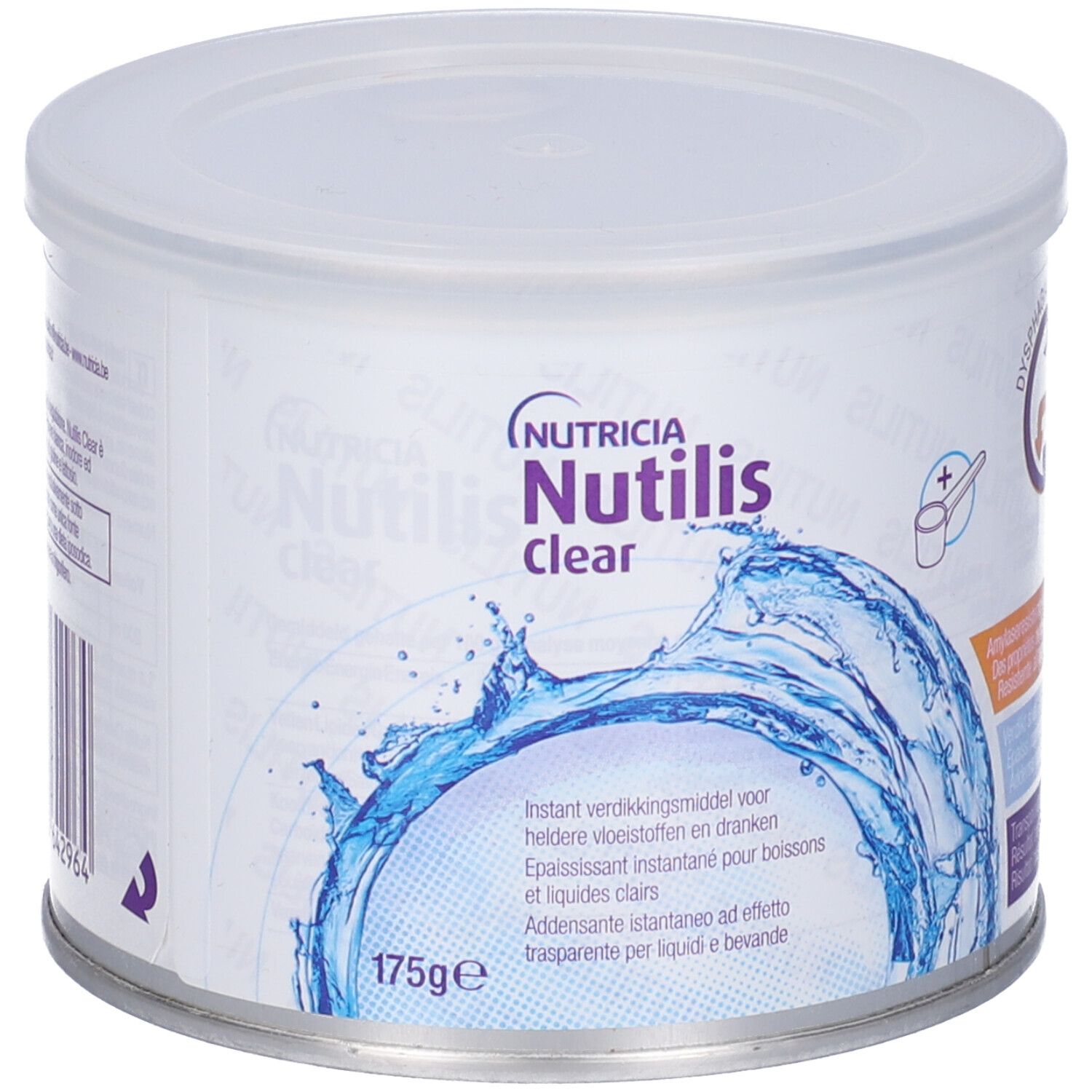 Barattolo cilindrico con coperchio. Scritta: Nutricia Nutilis Clear. Illustrazione d'acqua. Peso: 175g.