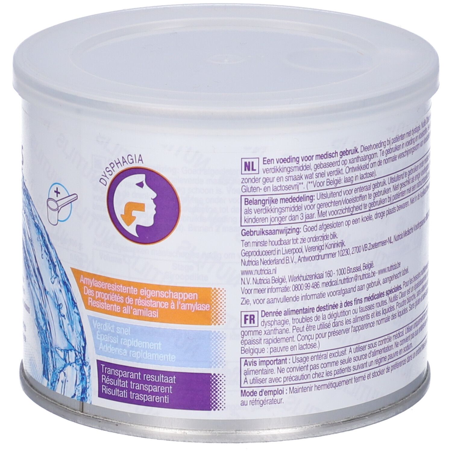 Retro di un barattolo. Testo e illustrazioni. Scritta: Nutricia. Peso: 175g. Simbolo disfagia.
