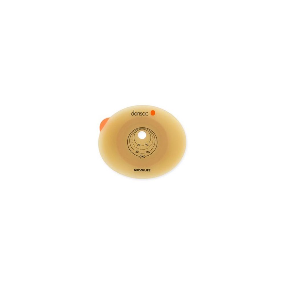 Placca rotonda beige per colostomia. Con foro e indicazioni di misura. Marchio Dansac, modello Novalife.
