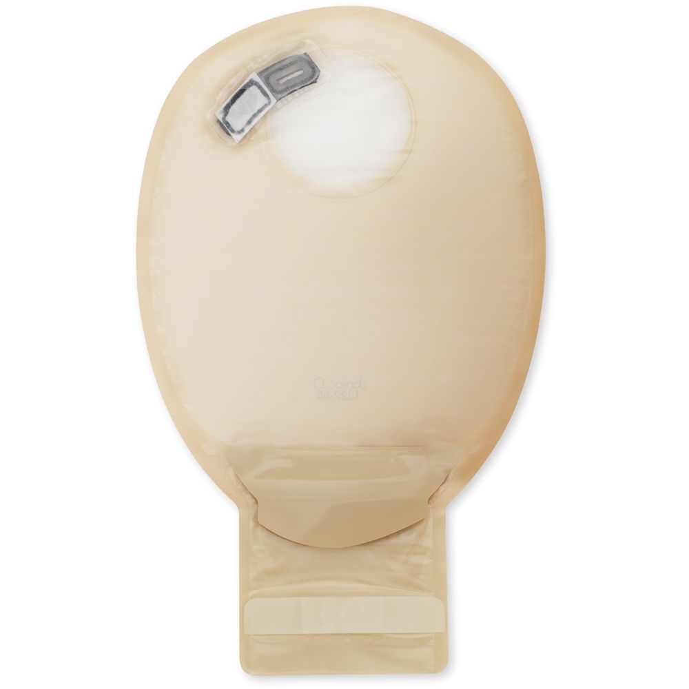 Sacca per ileostomia beige, con apertura e chiusura. Dimensione visibile.