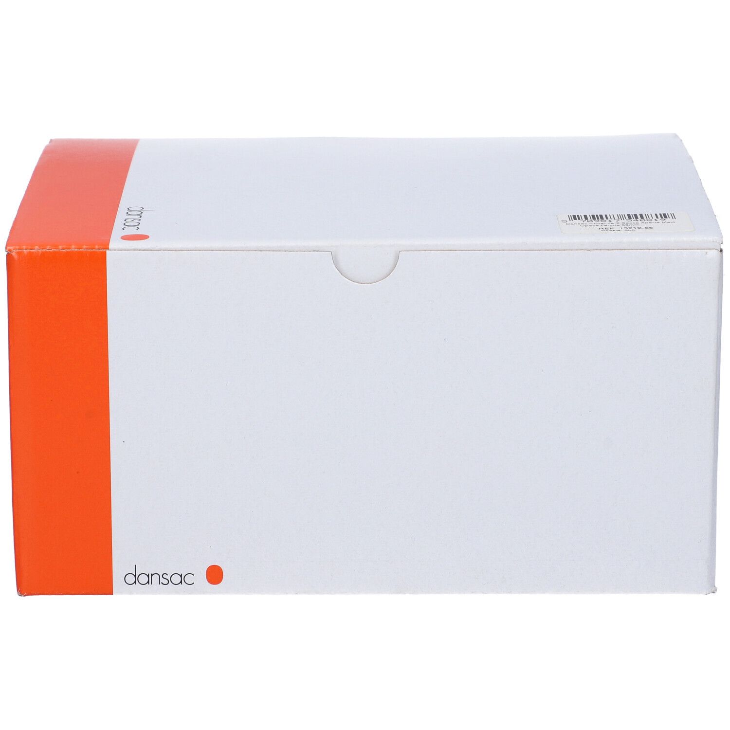 Scatola bianca con accento arancione. Logo Dansac.