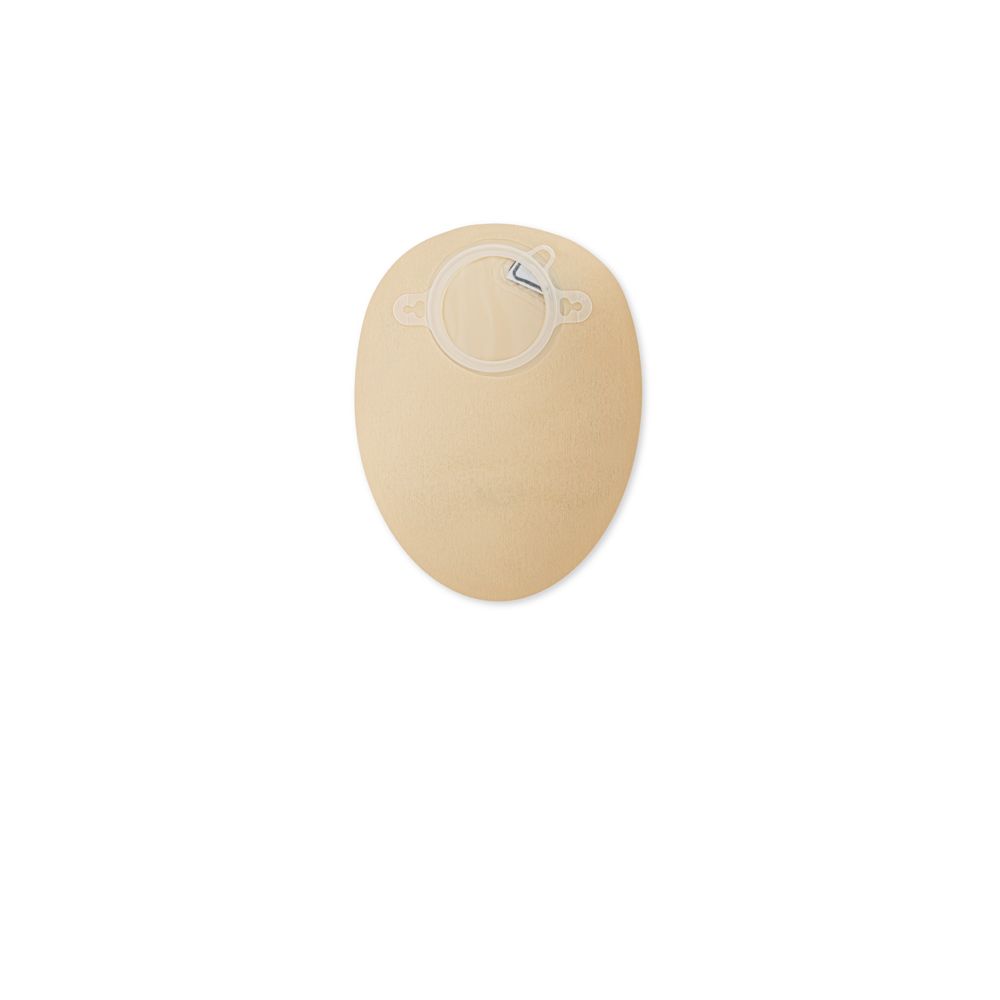 Sacca per colostomia ovale beige con anello bianco. Filo blu visibile. Opaca.