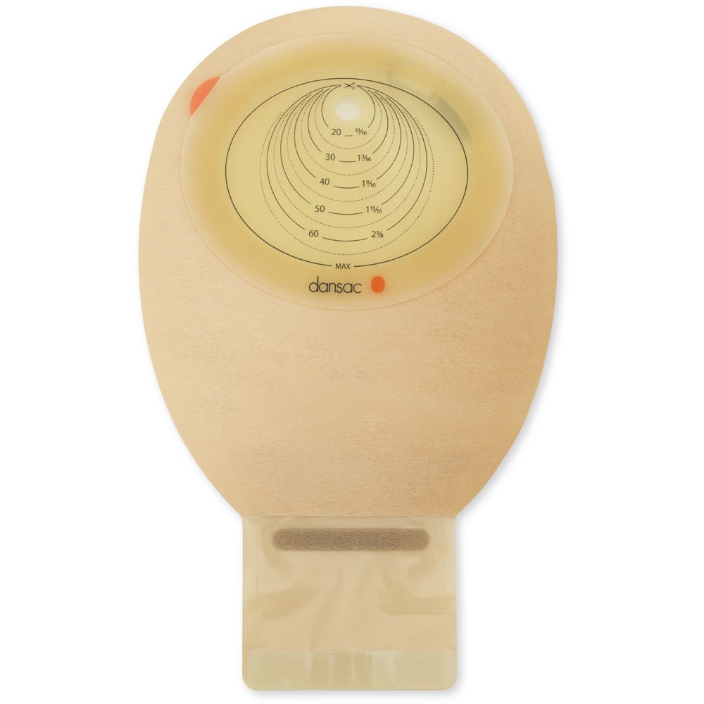 Sacca per ileostomia beige, ovale. Finestra trasparente con cerchi di taglio. Marchio Dansac.