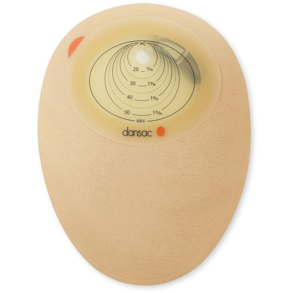 Sacchetto beige con area trasparente circolare e linee di misurazione. Marchio Dansac visibile.