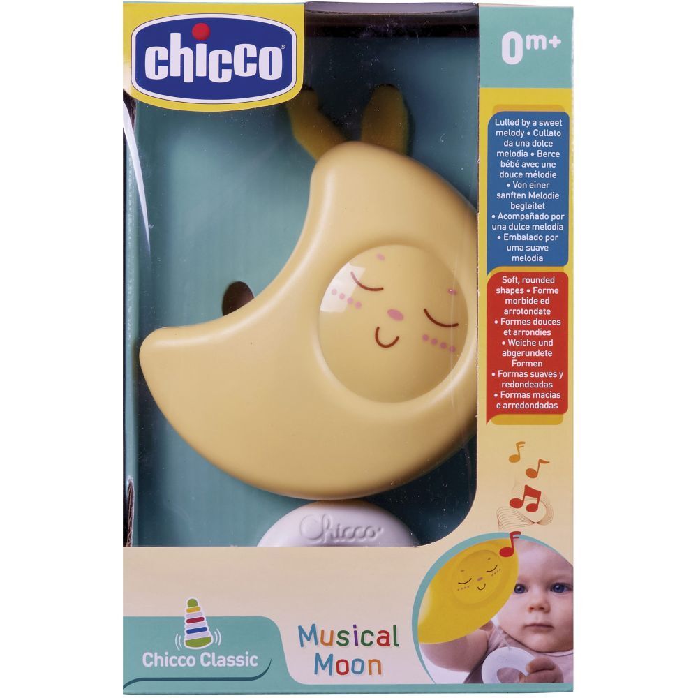 Giocattolo a forma di luna gialla con volto, in confezione. Marca Chicco, 0m+.
