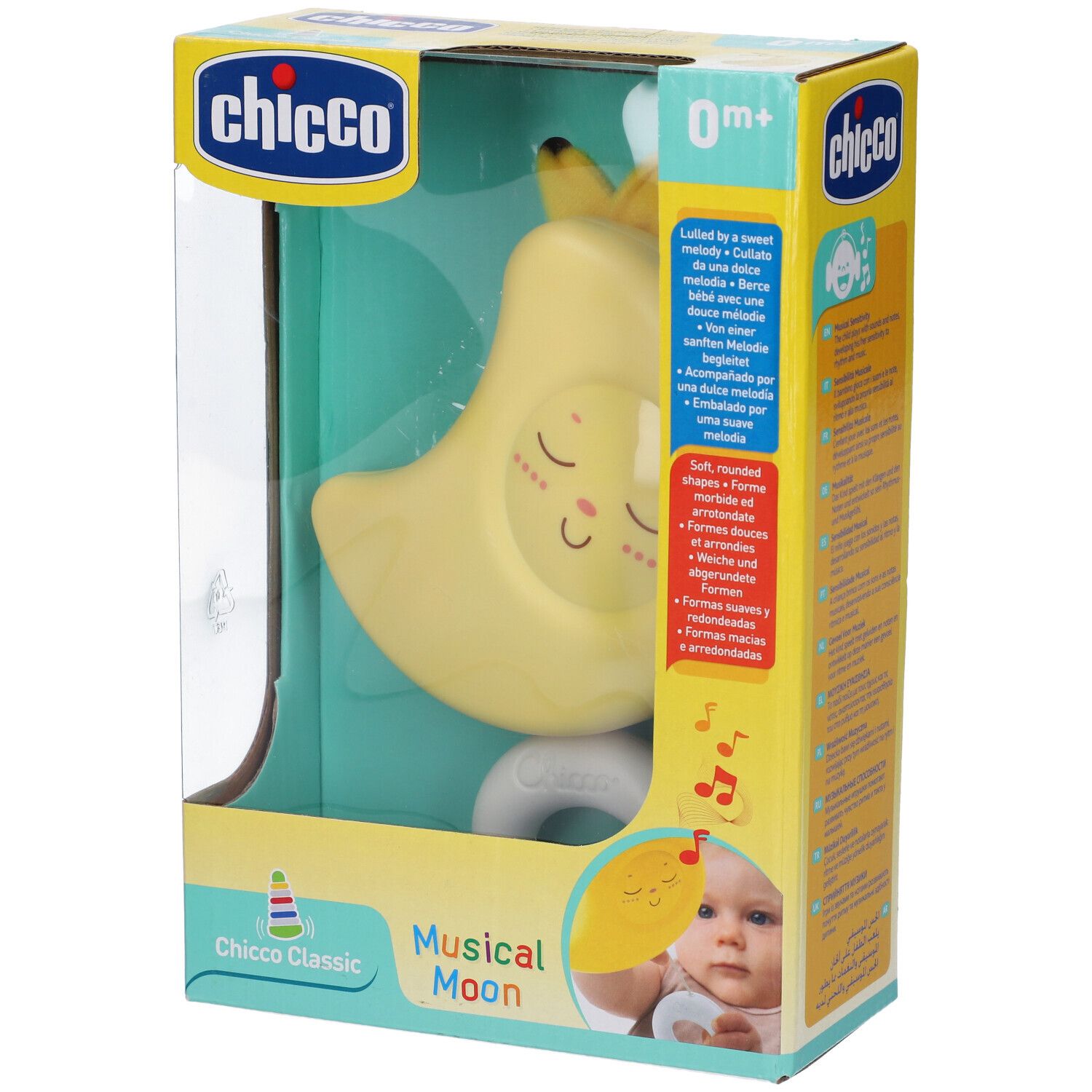 Giocattolo a forma di luna gialla in confezione. Marca Chicco, 0m+. Testo: 'Musical Moon'.