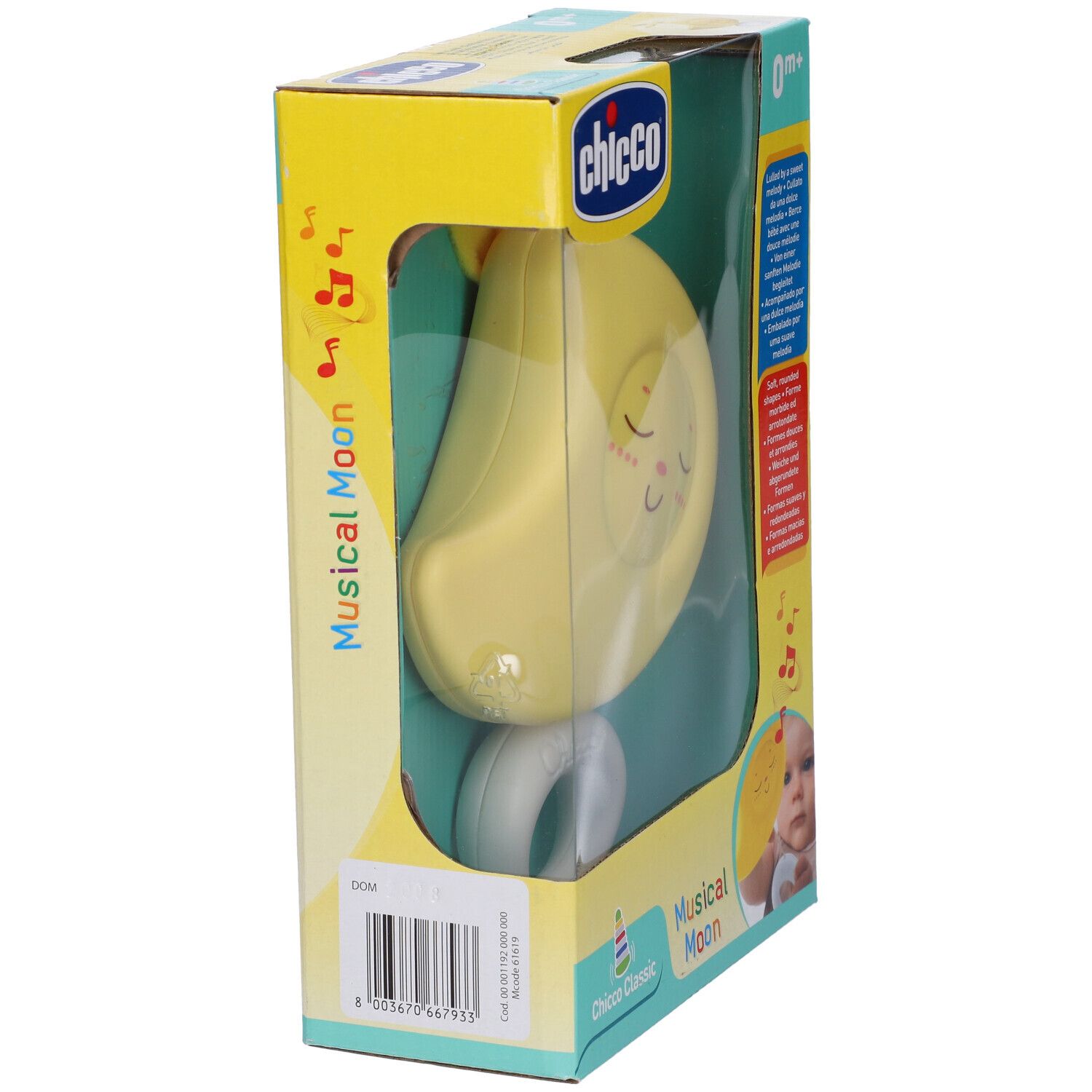 Giocattolo a forma di luna gialla in confezione. Marca Chicco, 0m+. Testo: 'Musical Moon'.