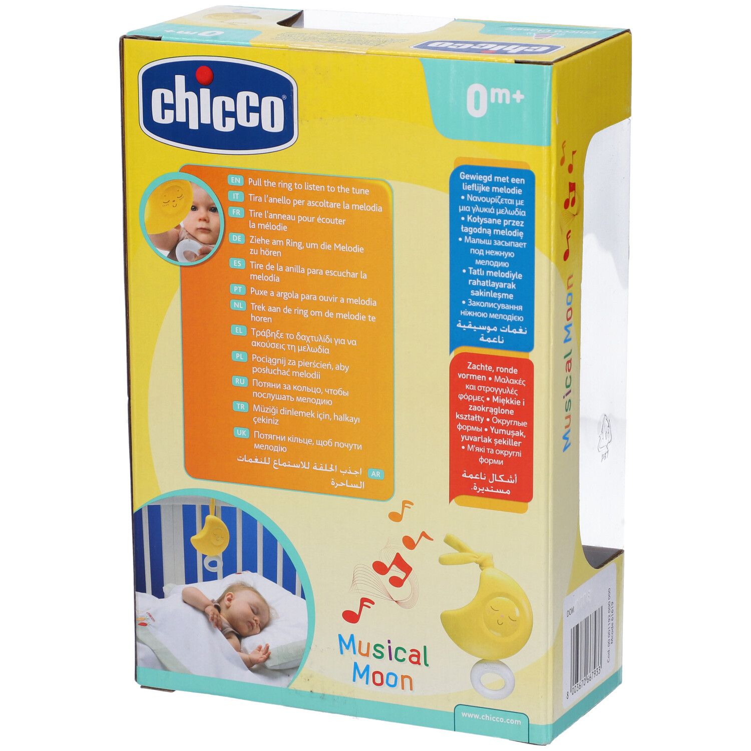 Retro della confezione. Giocattolo a forma di luna gialla. Marca Chicco, 0m+. Testo: 'Musical Moon'.