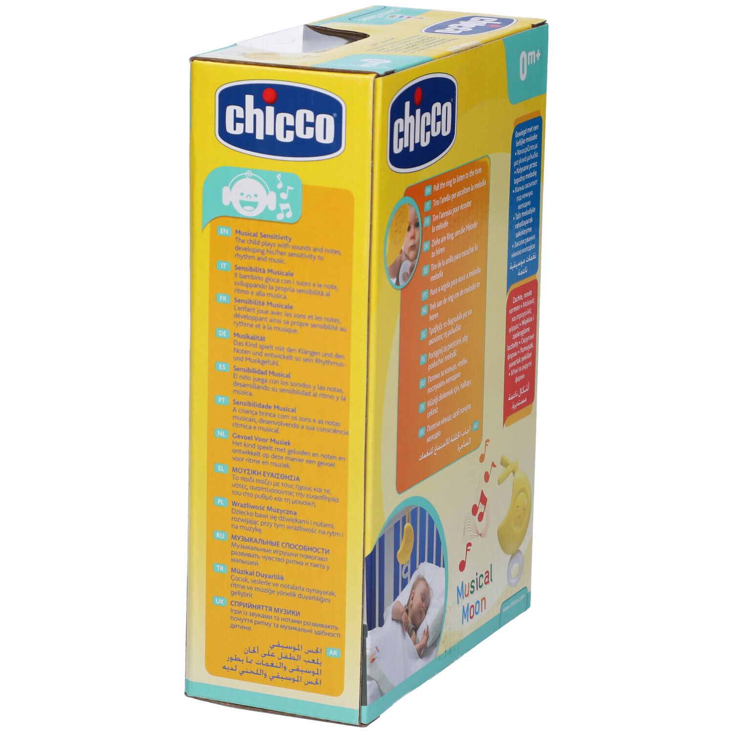 Confezione, giocattolo a forma di luna gialla. Marca Chicco, 0m+. Testo: 'Musical Moon'.