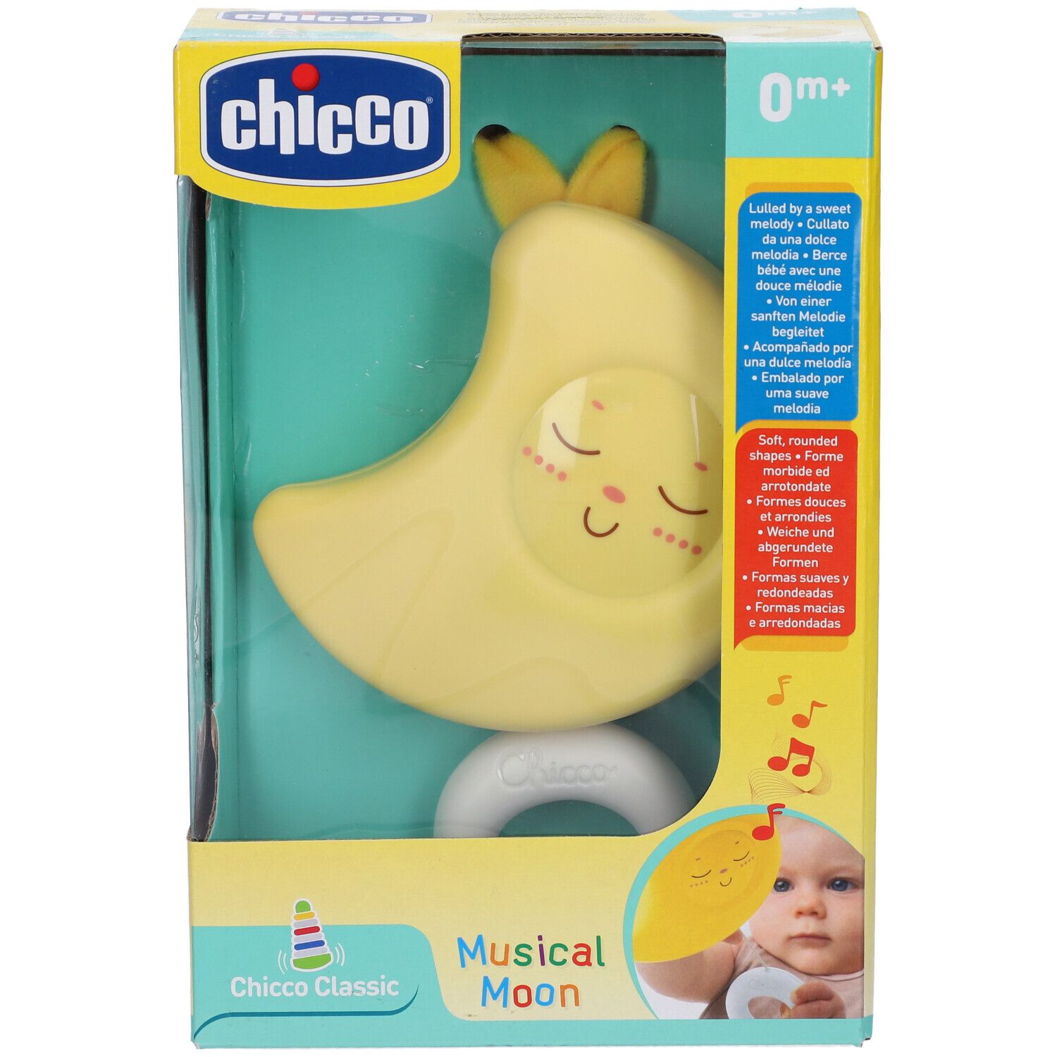 Giocattolo a forma di luna gialla con volto, in confezione. Marca Chicco, 0m+.