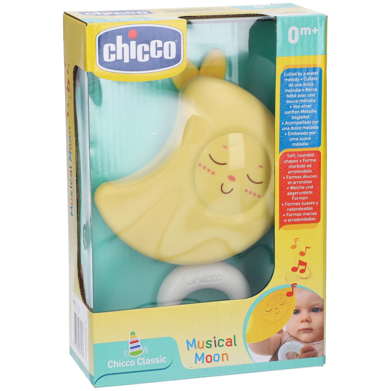 Giocattolo a forma di luna gialla con volto, in confezione. Marca Chicco, 0m+.