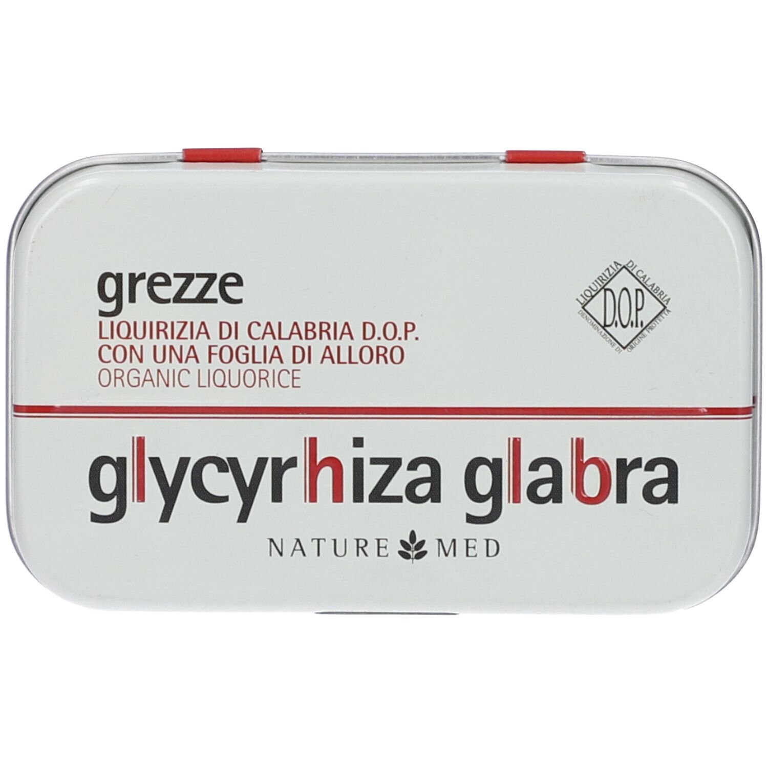Scatola chiusa, bordo rosso. Testo: Glycyrrhiza glabra, NaturMed, grezze.