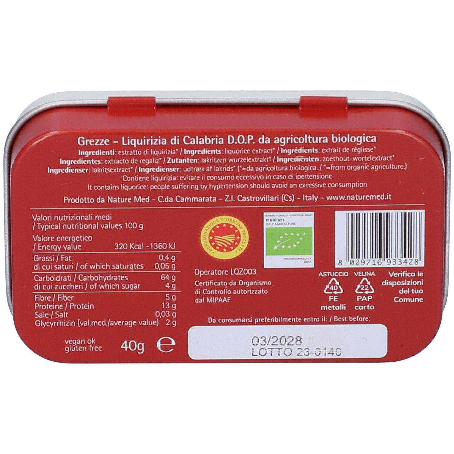 Retro della scatola con testo e valori nutrizionali. 40g, vegano, senza glutine.