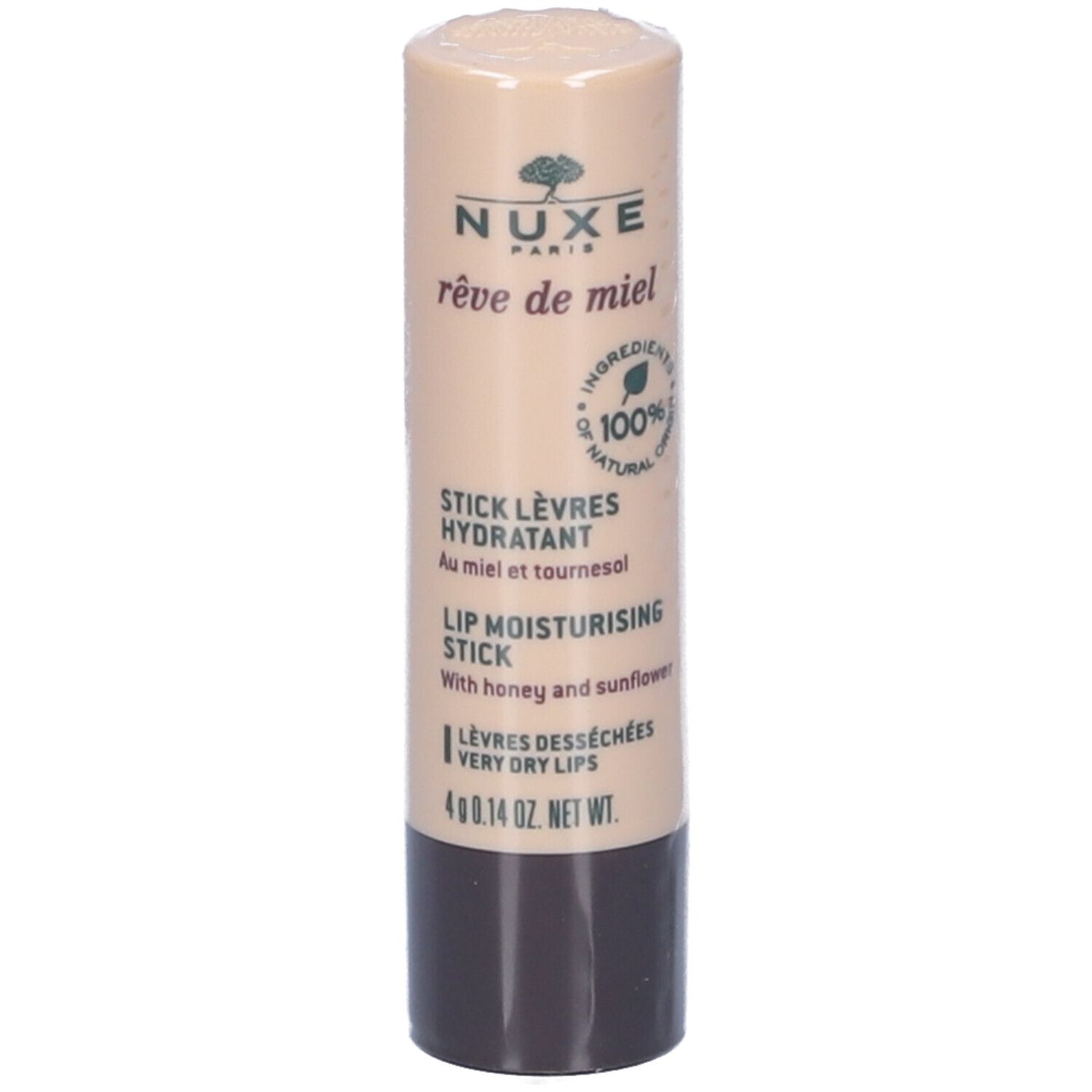 Stick labbra NUXE Rêve de Miel. Tubetto beige, base marrone. Scritta verde. Ingredienti 100% naturali.