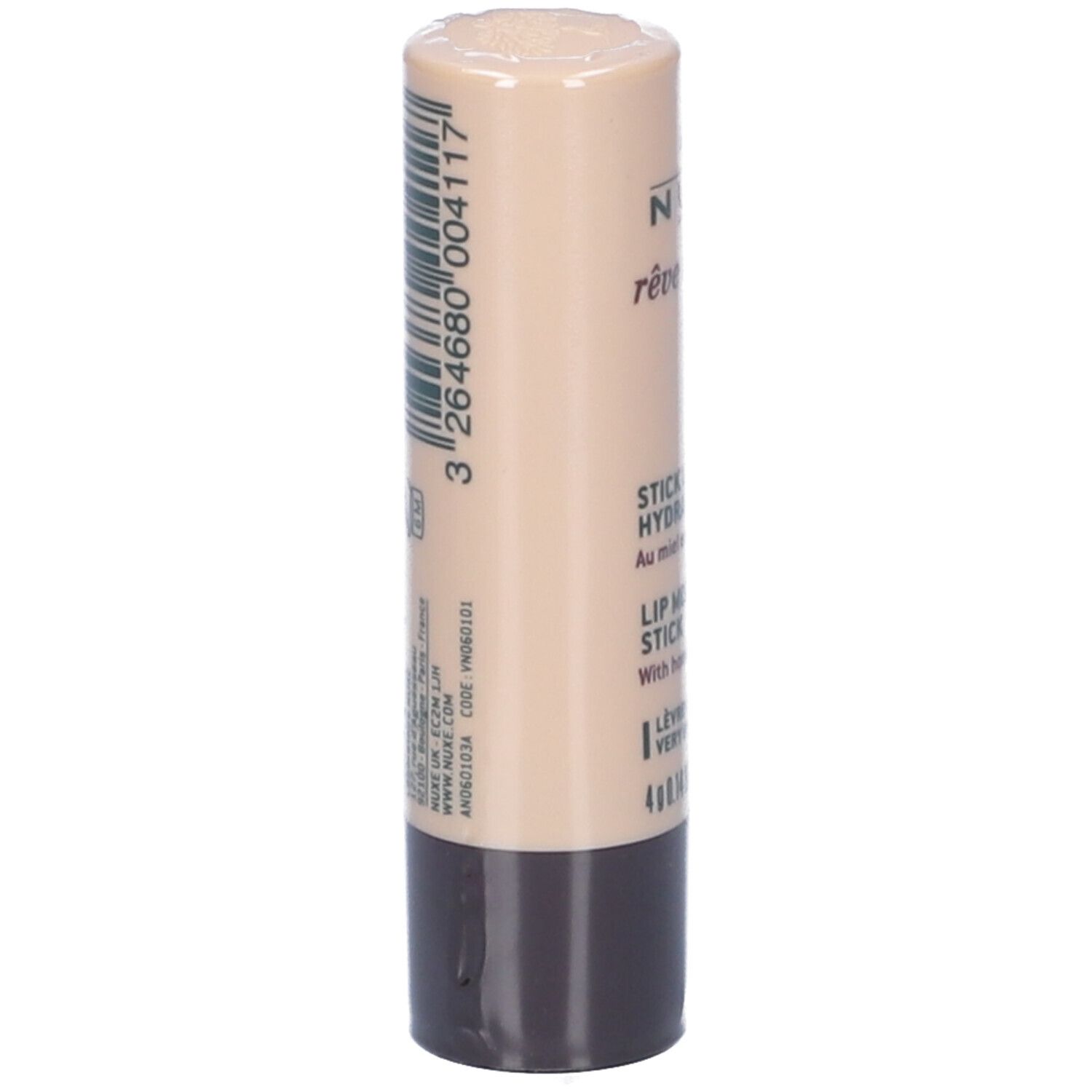 Retro dello stick labbra NUXE Rêve de Miel. Tubetto beige, base marrone. Testo e codice a barre.