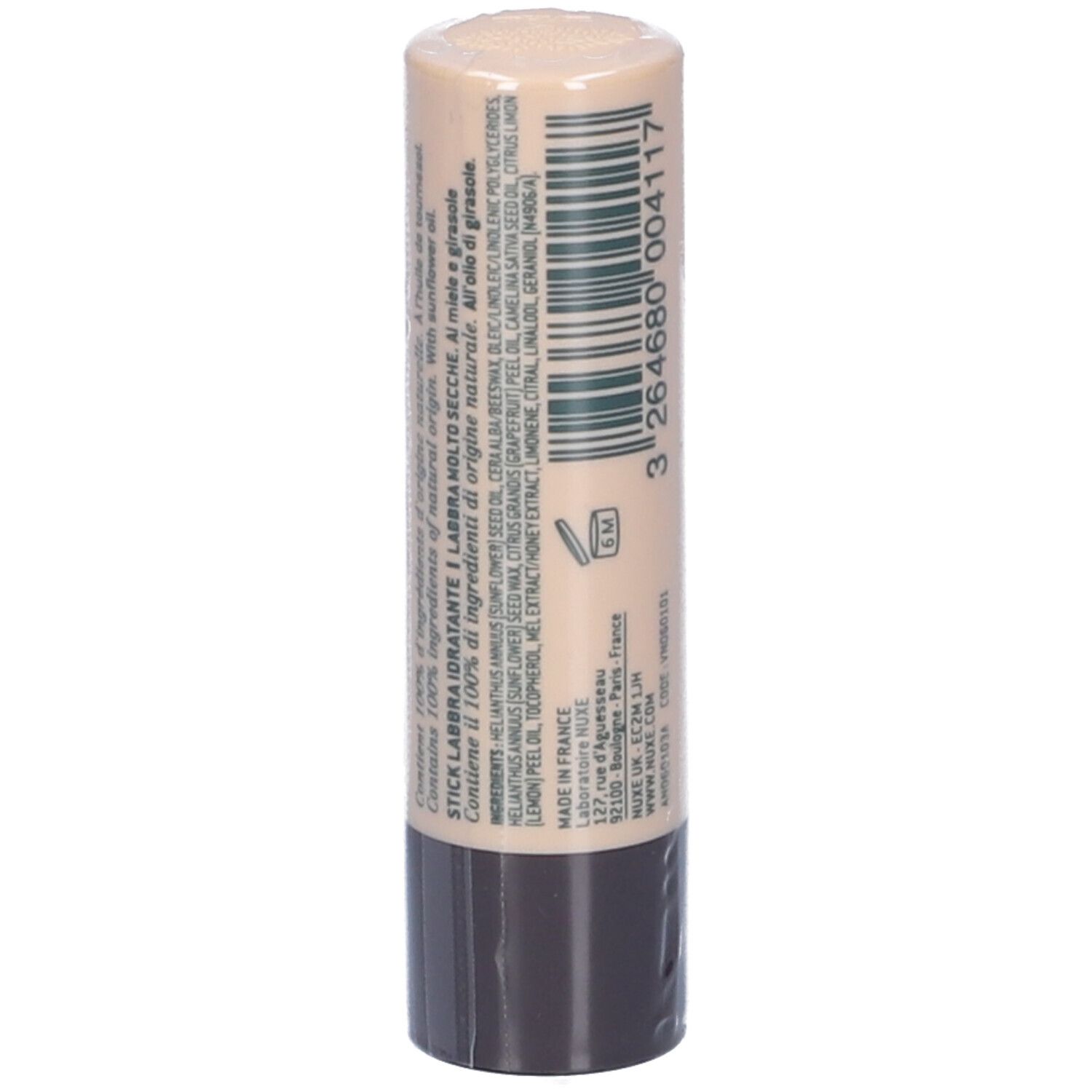Retro dello stick labbra NUXE Rêve de Miel. Tubetto beige, base marrone. Testo e ingredienti.