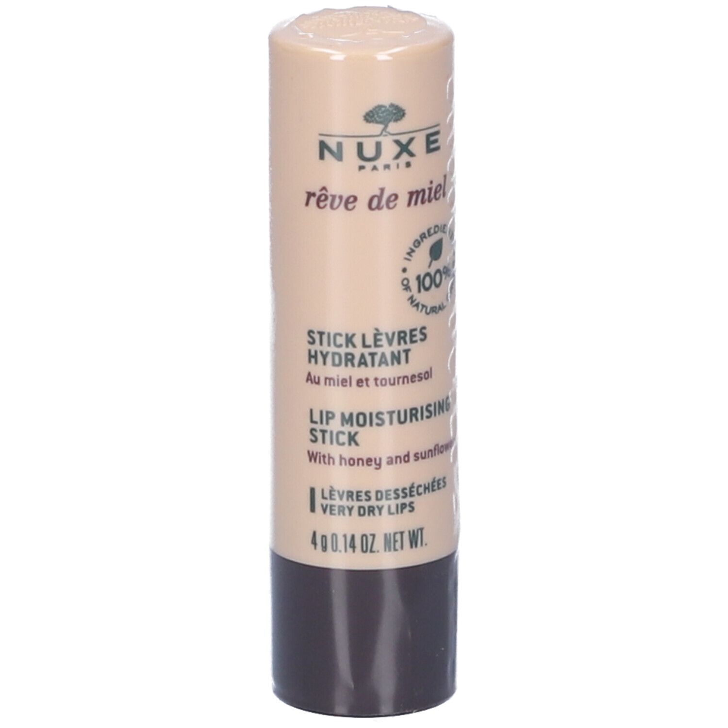 Stick labbra NUXE Rêve de Miel. Tubetto beige, base marrone. Scritta verde. Per labbra molto secche.