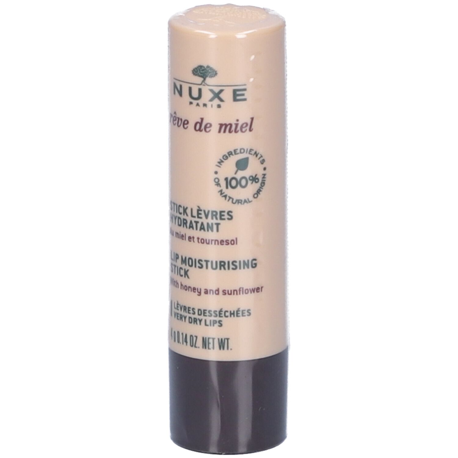 Stick labbra NUXE Rêve de Miel. Tubetto beige, base marrone. Scritta verde. Ingredienti 100% naturali.