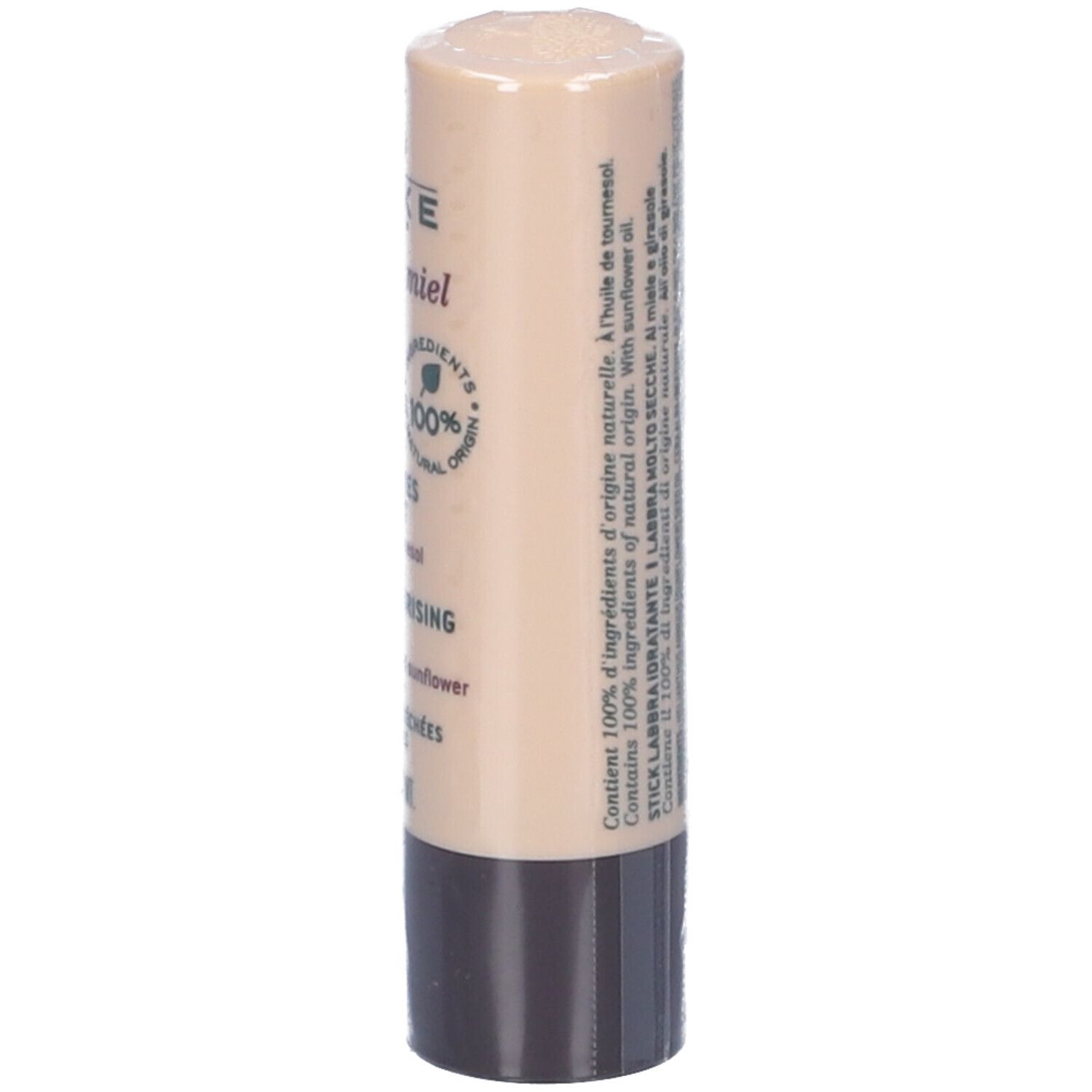 Stick labbra NUXE Rêve de Miel. Tubetto beige, base marrone. Testo e ingredienti.