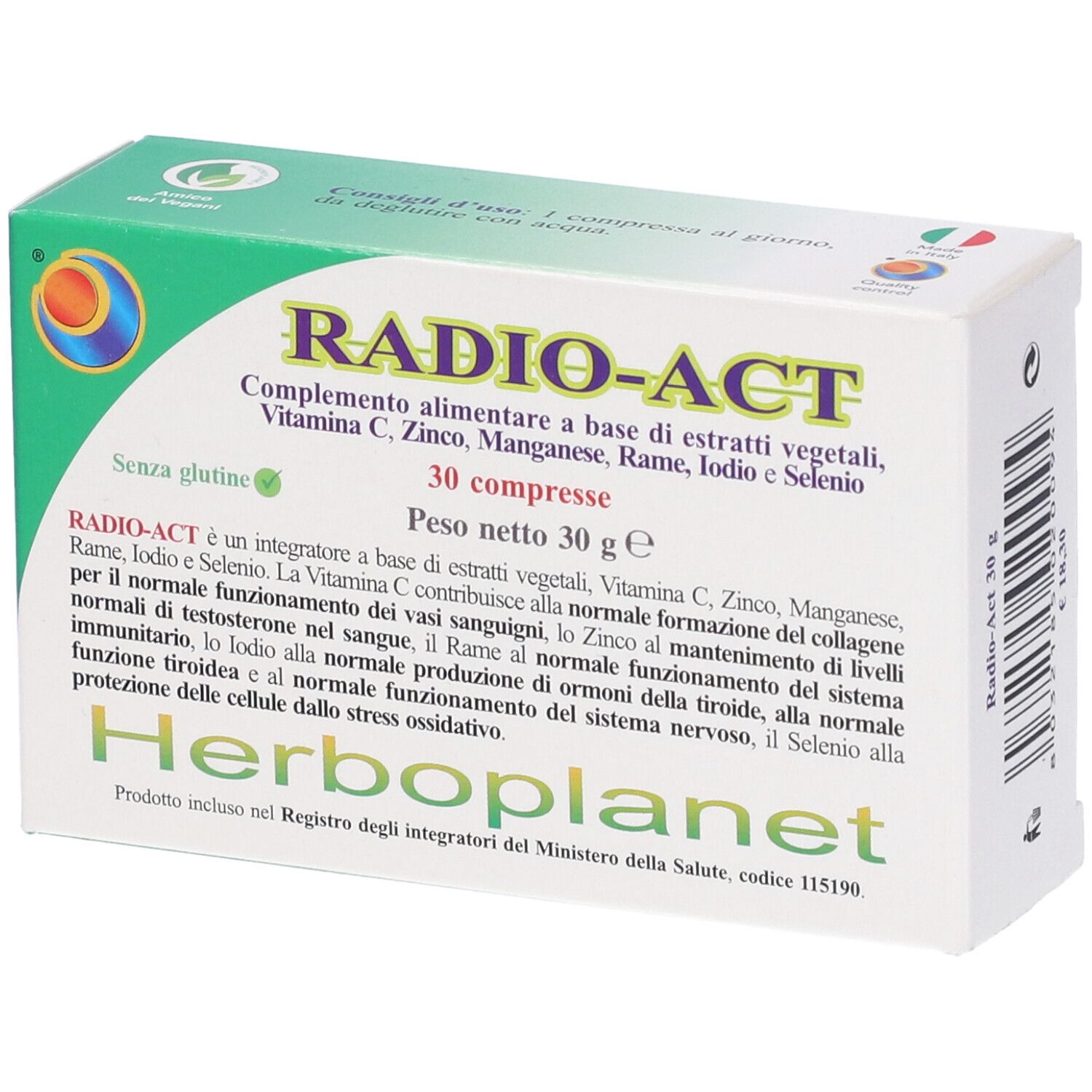 Scatola Radio Act 30Cpr, angolata. Contiene 30 compresse. Prodotto da Herboplanet. Senza glutine. Contiene estratti vegetali, vitamine e minerali.