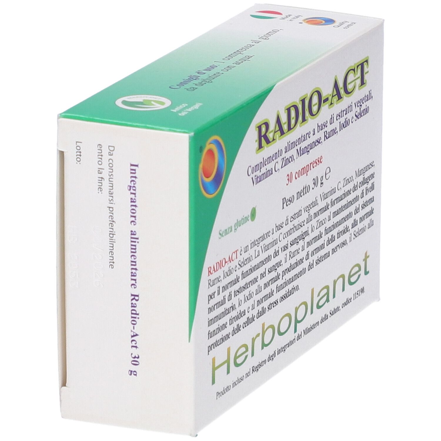 Scatola Radio Act 30Cpr, angolata. Contiene 30 compresse. Prodotto da Herboplanet. Contiene estratti vegetali, vitamine e minerali.
