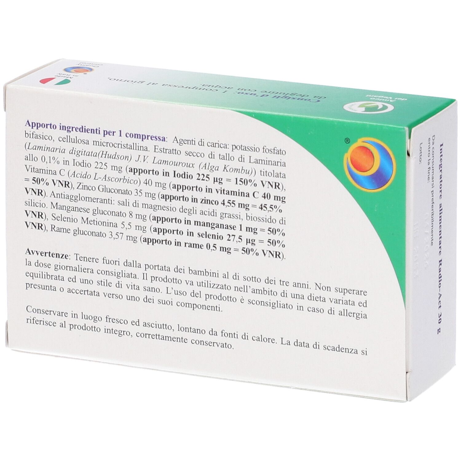 Retro della scatola Radio Act 30Cpr. Contiene ingredienti e avvertenze. Prodotto da Herboplanet. Contiene estratti vegetali, vitamine e minerali.