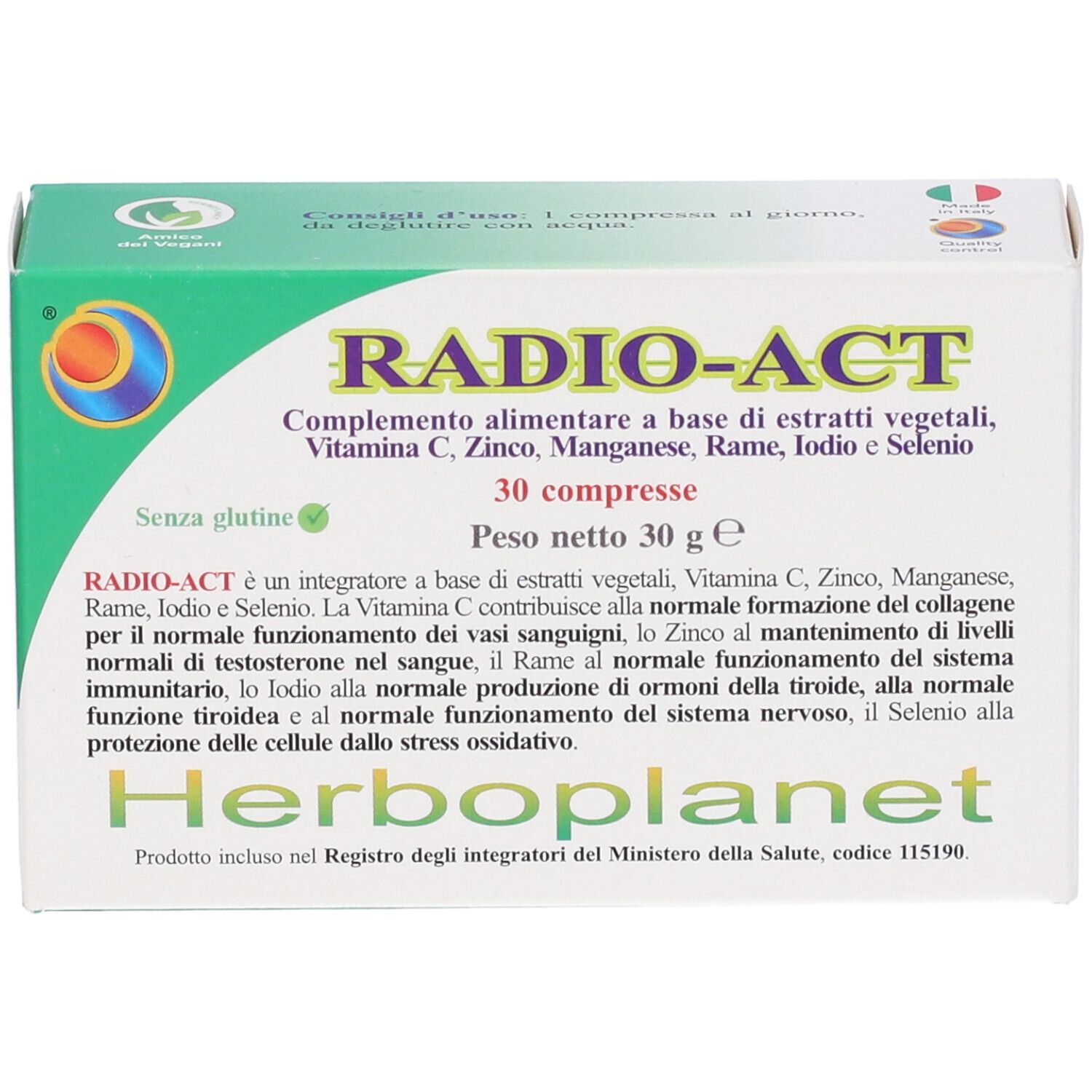 Scatola Radio Act 30Cpr. Contiene 30 compresse. Prodotto da Herboplanet. Senza glutine. Contiene estratti vegetali, vitamine e minerali.