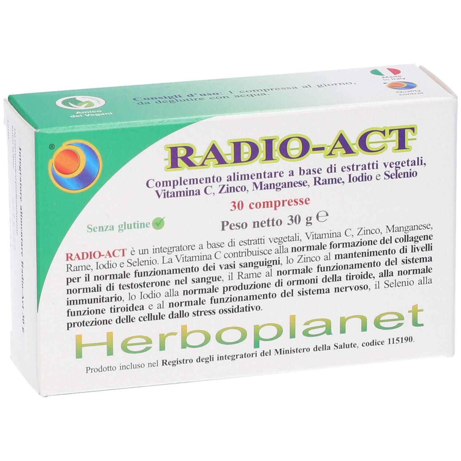 Scatola Radio Act 30Cpr. Contiene 30 compresse. Prodotto da Herboplanet. Contiene estratti vegetali, vitamine e minerali.