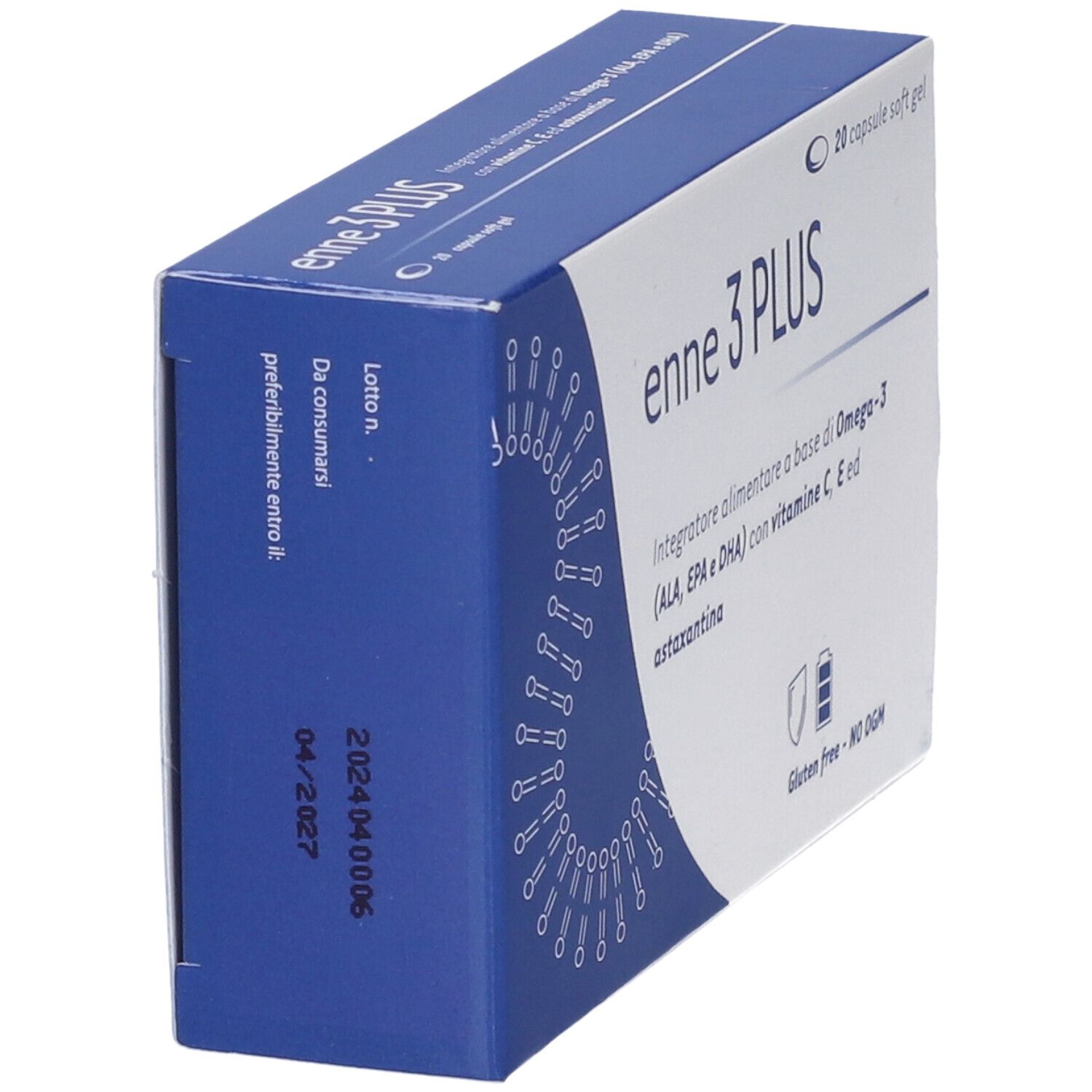 Scatola blu « enne 3 PLUS ». Data di scadenza stampata: 04/2027. Vista laterale della confezione.