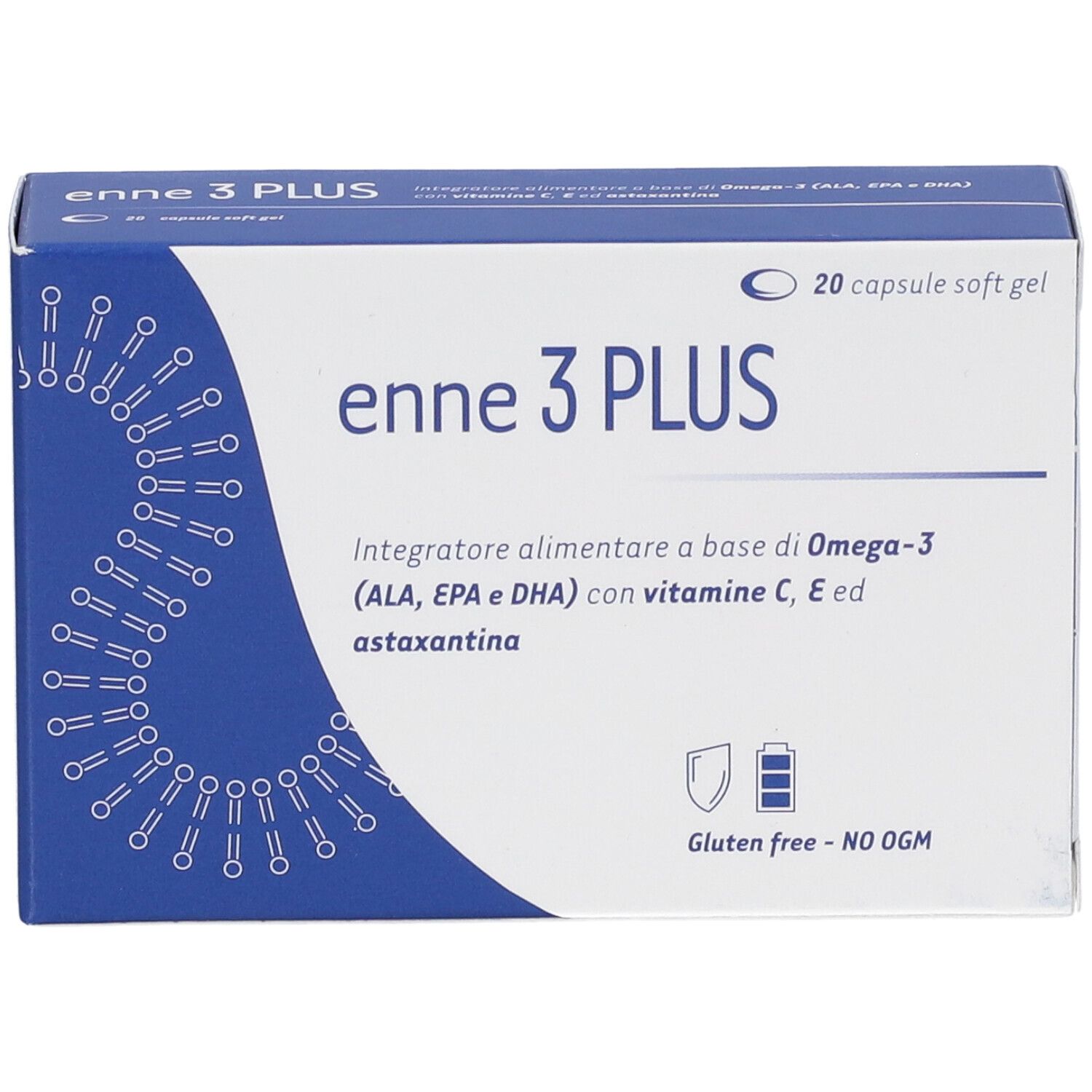 Scatola di « enne 3 PLUS ». Confezione blu e bianca. Contiene 20 capsule. Senza glutine e OGM.