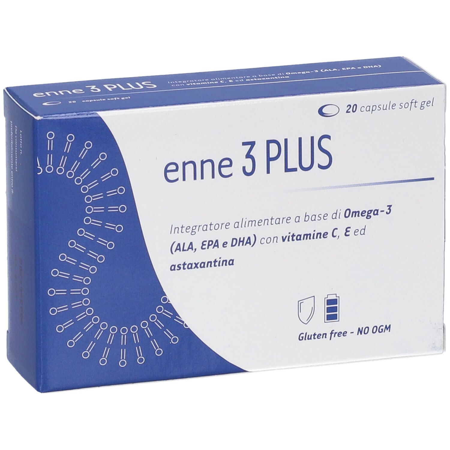 Confezione di Enne 3 Plus, integratore alimentare a base di Omega-3, vitamine C, E e astaxantina.