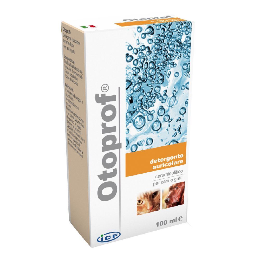 Scatola Otoprof. Design con bolle d'acqua. Informazioni sul prodotto e immagini di cani e gatti. Detergente auricolare.