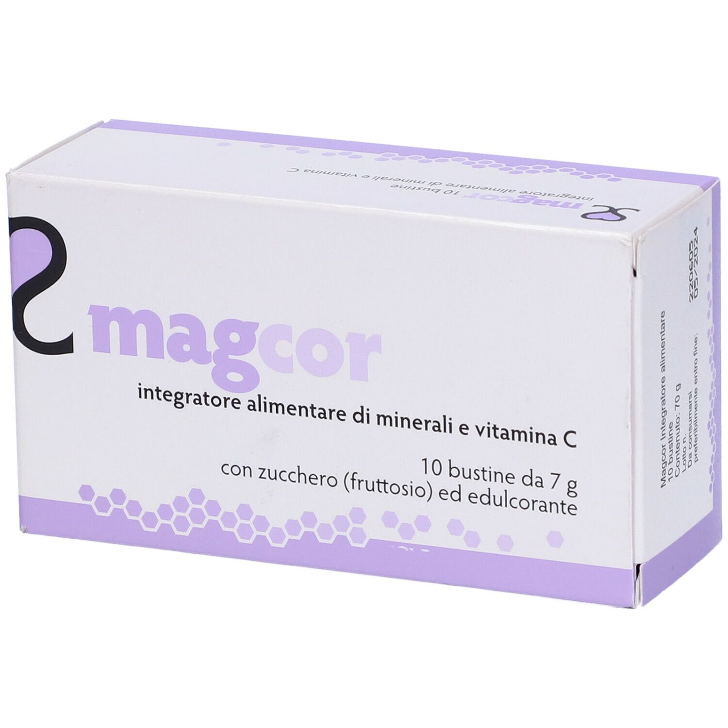 Scatola bianca con dettagli lilla. Scritta: magcor, integratore alimentare. 10 bustine. Logo: cuore.