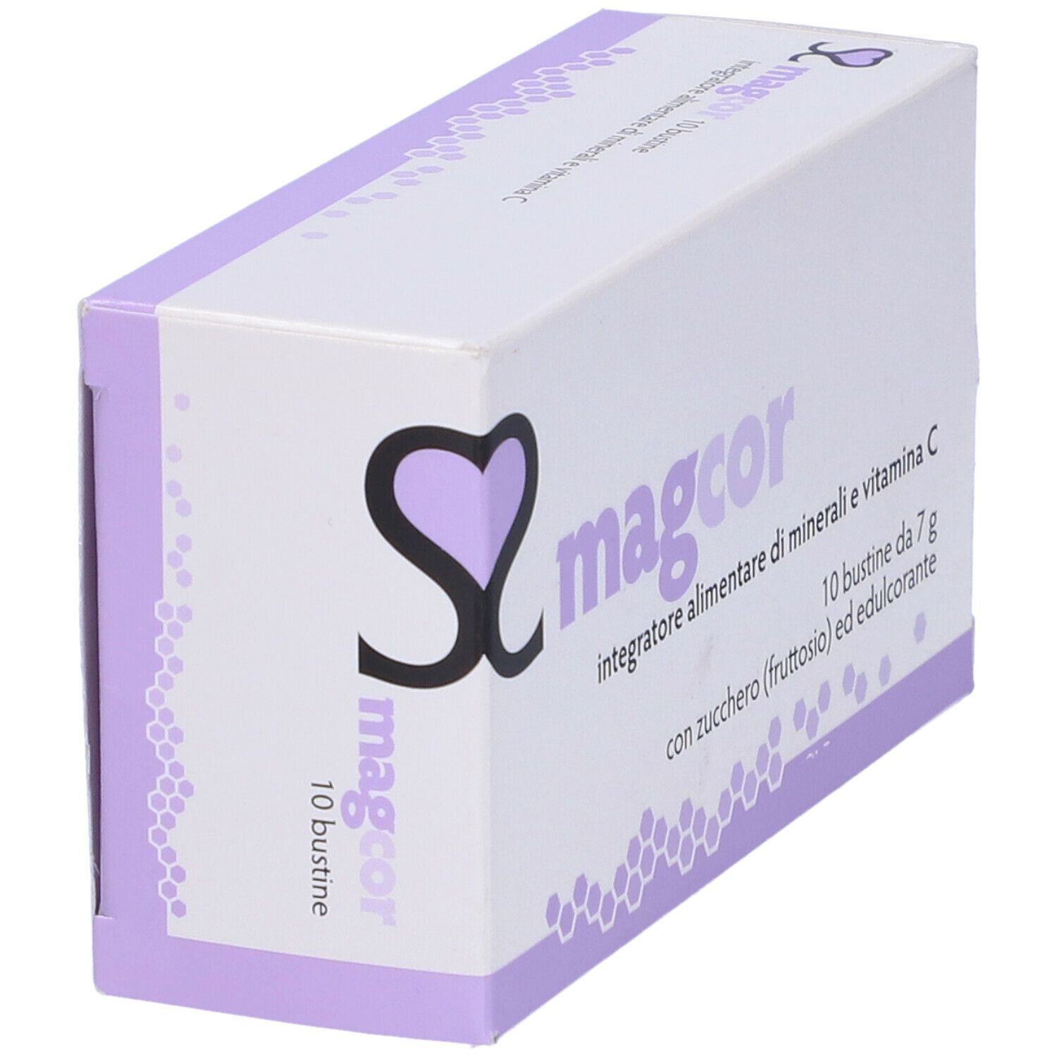 Scatola bianca con dettagli lilla. Scritta: magcor, integratore alimentare. 10 bustine. Logo: cuore.