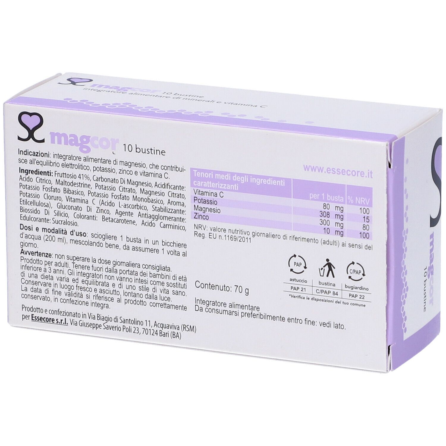 Scatola bianca con dettagli lilla. Scritta: magcor, integratore alimentare. 10 bustine. Logo: cuore.