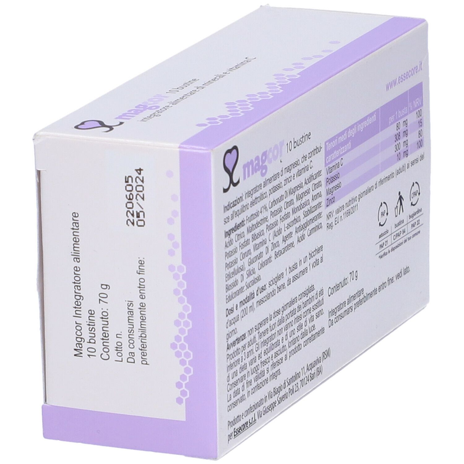 Scatola bianca con dettagli lilla. Scritta: magcor, integratore alimentare. 10 bustine. Logo: cuore.