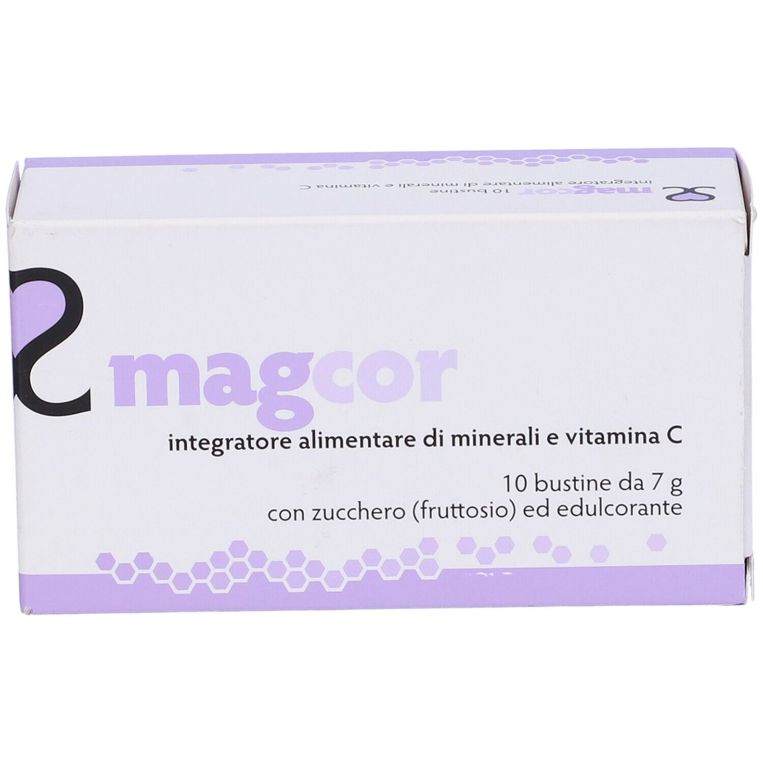 Scatola bianca con dettagli lilla. Scritta: magcor, integratore alimentare. 10 bustine. Logo: cuore.