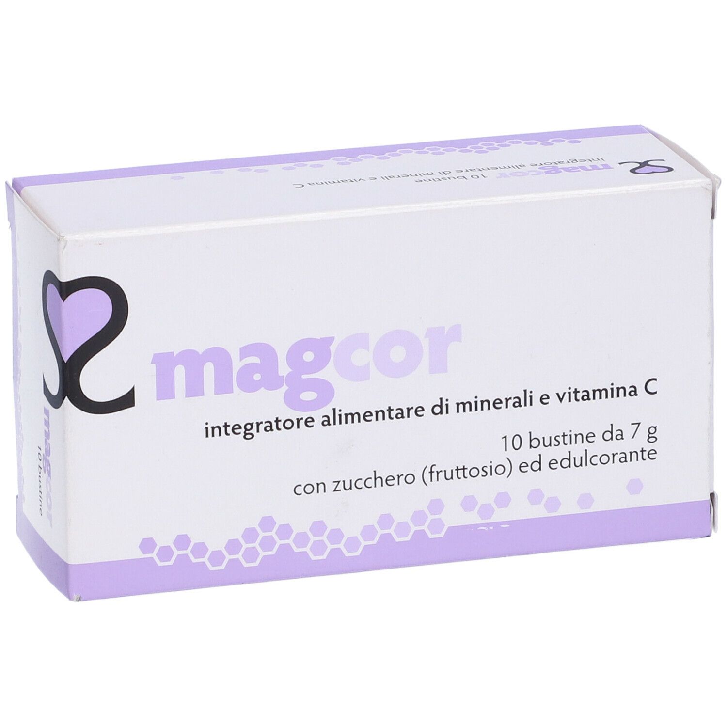 Scatola bianca con dettagli lilla. Scritta: magcor, integratore alimentare. 10 bustine. Logo: cuore.