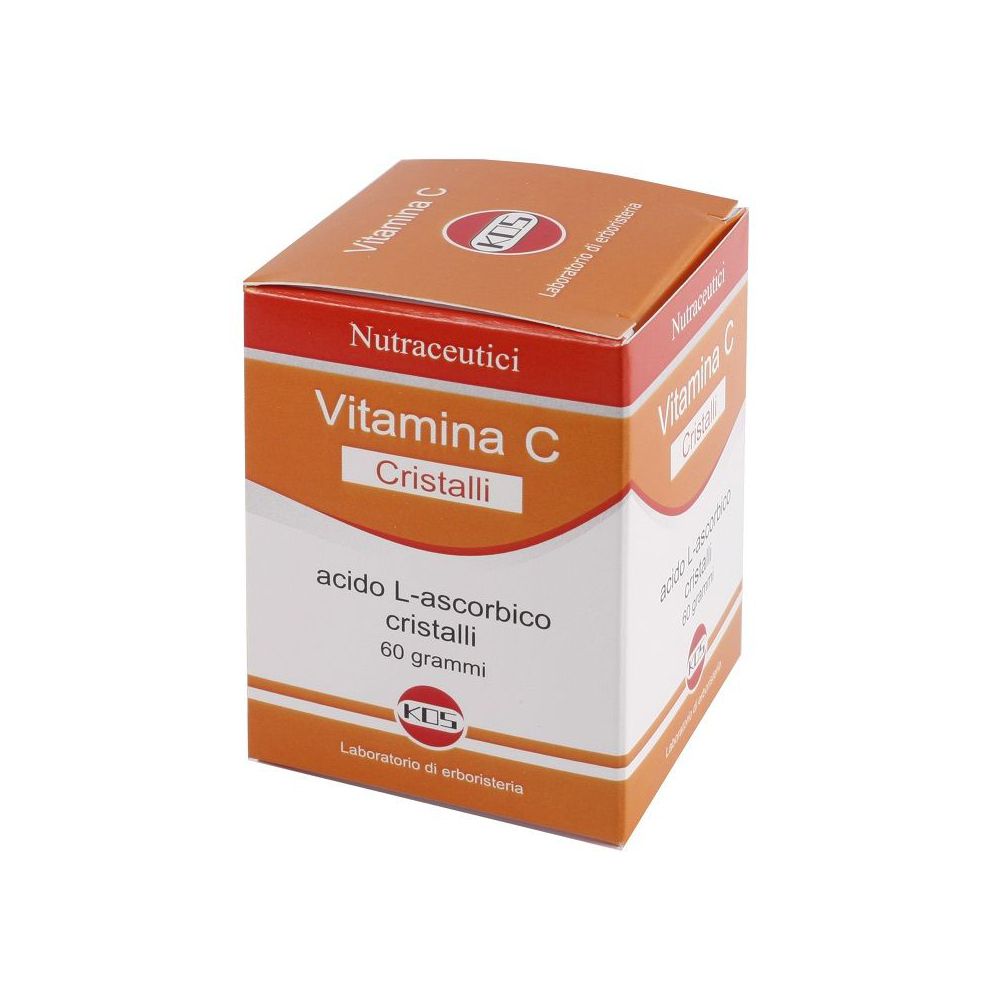 Scatola di KOS Vitamina C Cristalli. Confezione arancione e bianca con informazioni e logo.