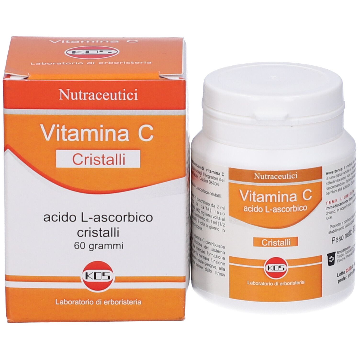 KOS Vitamina C Cristalli, flacone e scatola. Confezione arancione e bianca con informazioni.