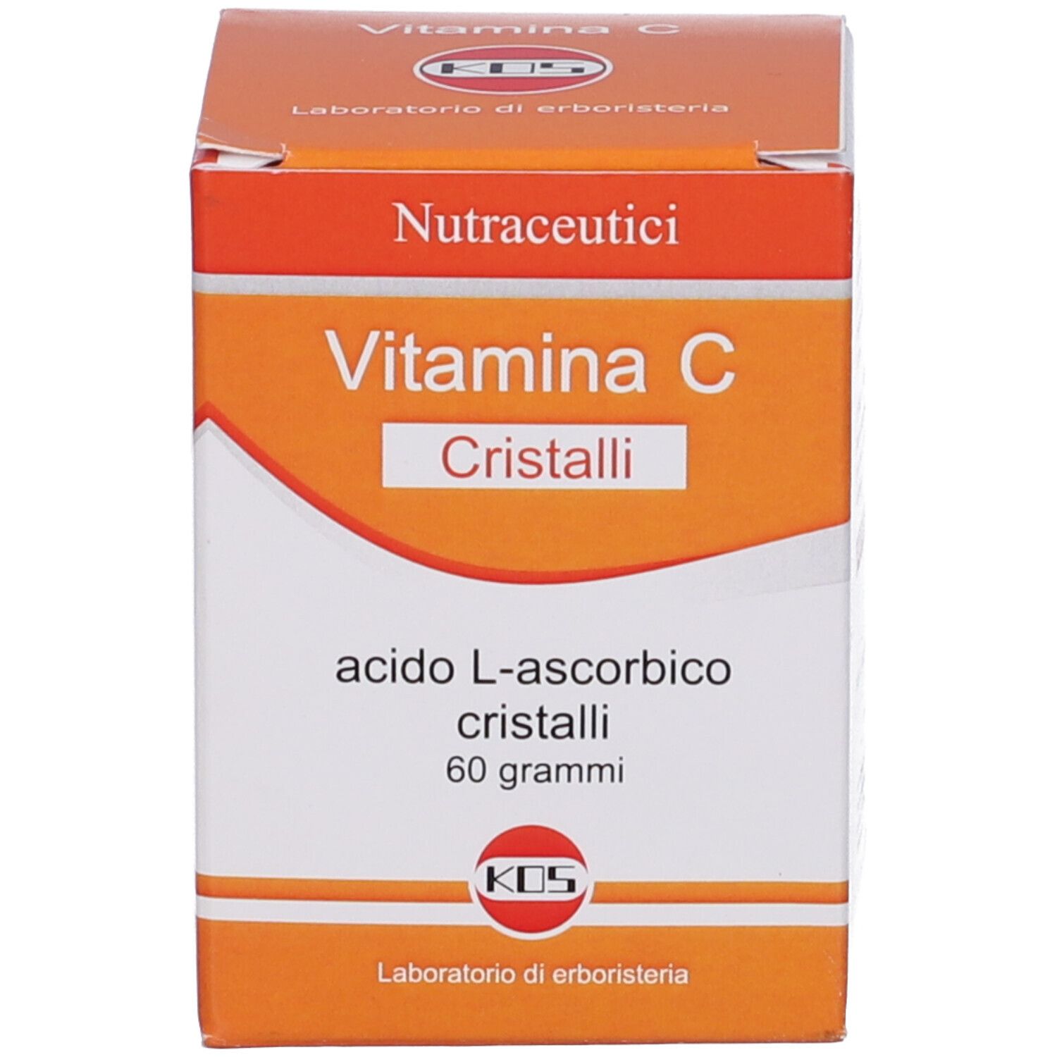 Scatola di KOS Vitamina C Cristalli. Confezione arancione e bianca con informazioni e logo.