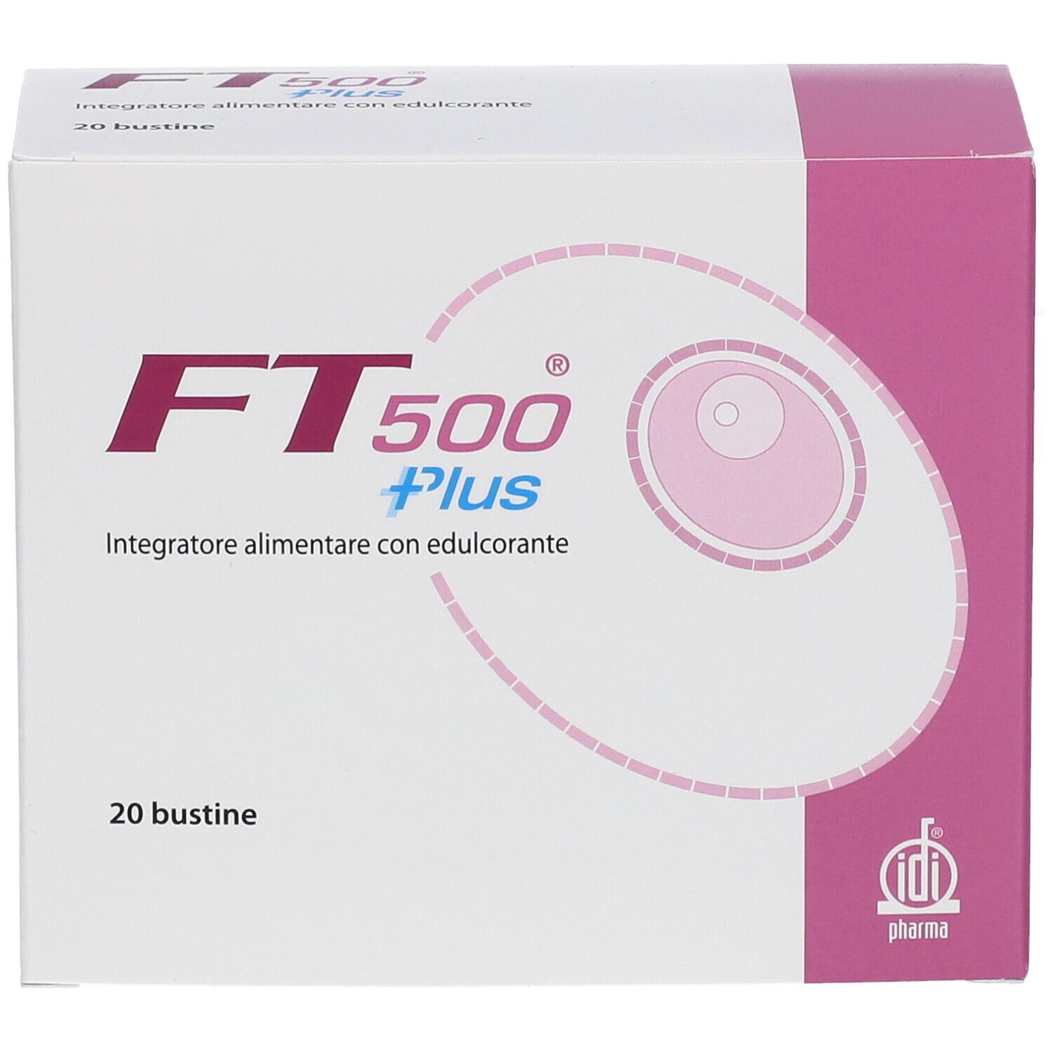 Schachtel FT 500 Plus. Aufschrift: 20 Beutel. Rosa und weißes Design. IDI Pharma Logo.