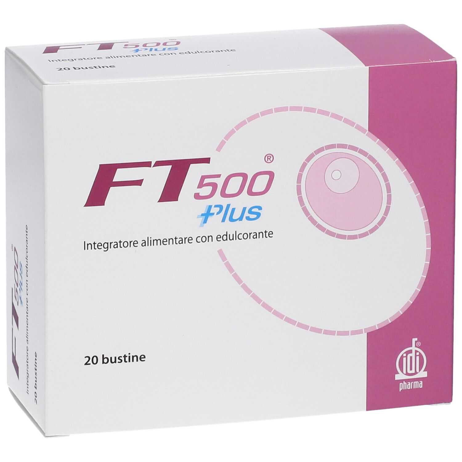 Schachtel FT 500 Plus. Aufschrift: 20 Beutel. Rosa und weißes Design. IDI Pharma Logo.