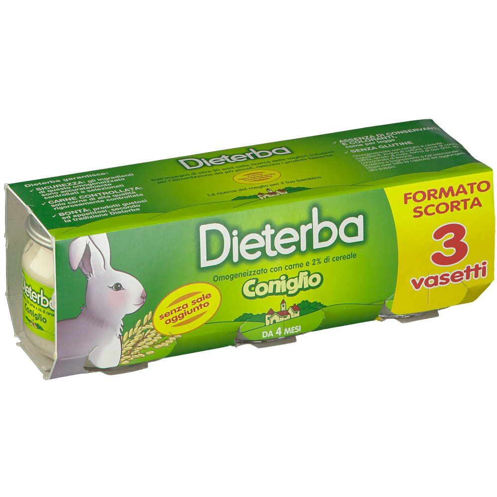 Confezione da tre vasetti di omogeneizzato per bambini Dieterba Coniglio. Confezione verde e bianca con illustrazione di coniglio e nome del prodotto.