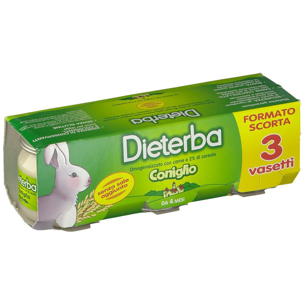 Confezione da tre vasetti di omogeneizzato per bambini Dieterba Coniglio. Confezione verde con illustrazione di coniglio e nome del prodotto.