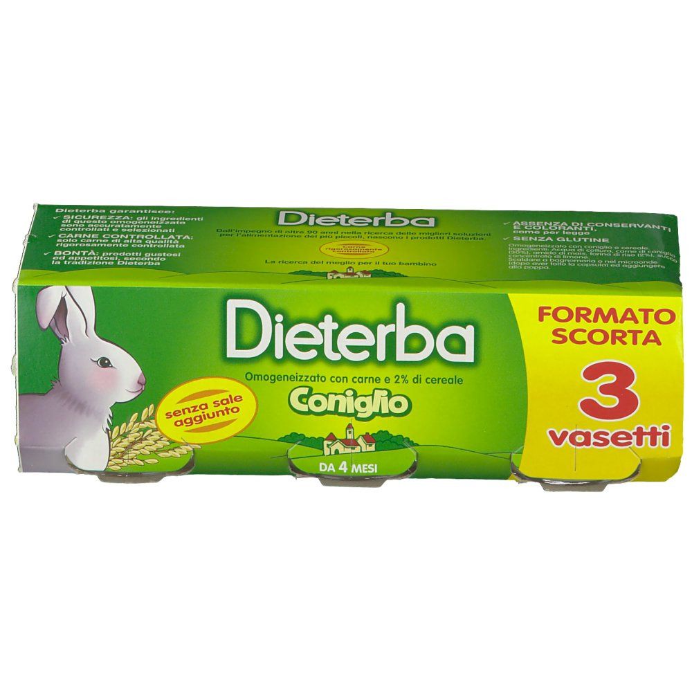 Confezione da tre vasetti di omogeneizzato per bambini Dieterba Coniglio. Confezione verde con illustrazione di coniglio e nome del prodotto.